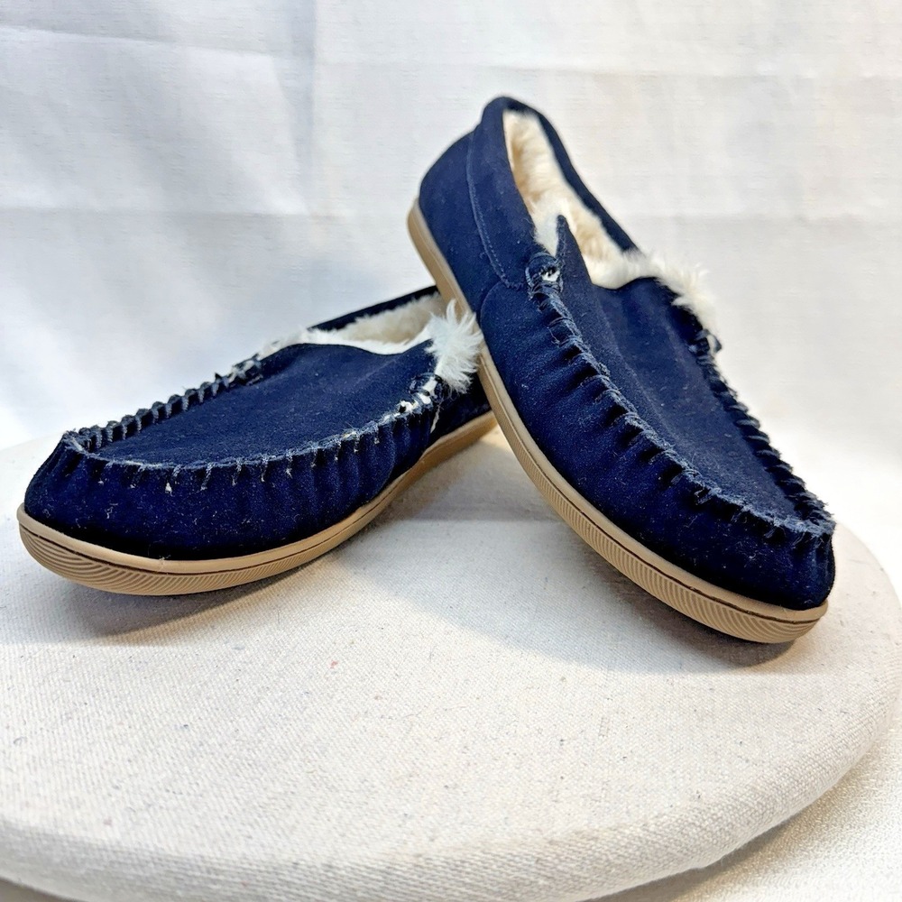 J.Crew Moccasin Slippers Men 10 Navy Blue Suede Faux Fur Lined BL639 Preppy Cozy - Picture 5 of 8